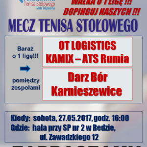 Zapraszamy na mecz barażowy o wejście do I ligi Tenisa Stołowego Zapraszamy na mecz barażowy o wejście do I ligi Tenisa Stołowego