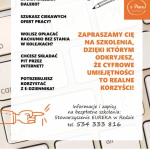 Stowarzyszenie EUREKA i Urząd Miasta w Redzie zapraszają na szkolenia! Stowarzyszenie EUREKA i Urząd Miasta w Redzie zapraszają na szkolenia!