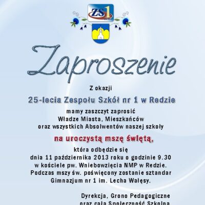 Zaproszenie na mszę świętą z okazji 25 – lecia ZS nr 1