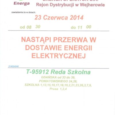 Uwaga – przerwa w dostawie energii elektrycznej