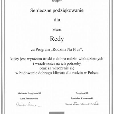 Podziękowania Prezydenta RP Bronisława Komorowskiego dla Miasta Redy
