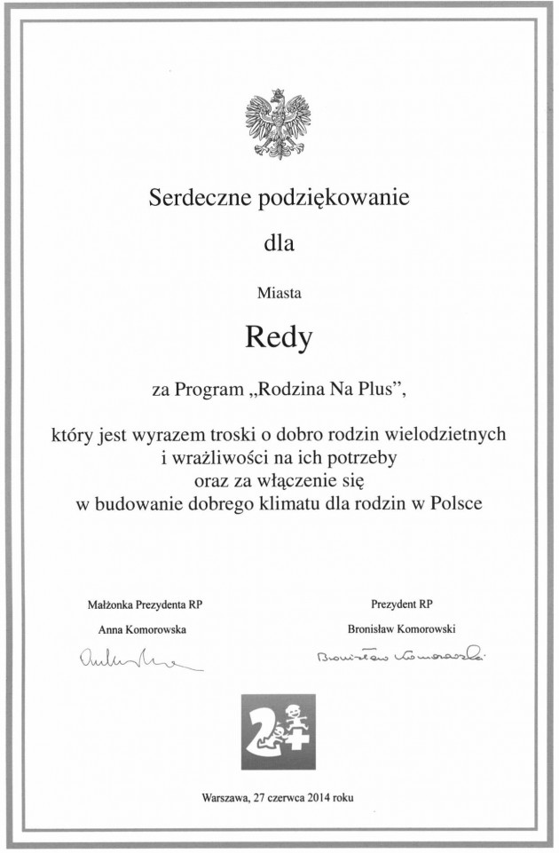Podziękowania Prezydenta RP Bronisława Komorowskiego dla Miasta Redy