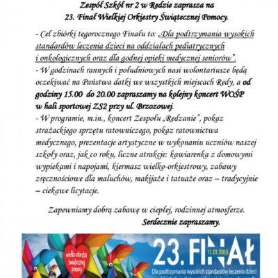 Zaproszenie na 23 Finał WOŚP do ZS nr 2