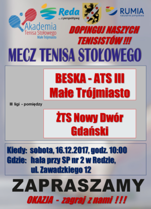 Zapraszamy w sobotę 16.12.17 na mecze 2 i 3 Ligi Tenisa Stołowego w SP 2