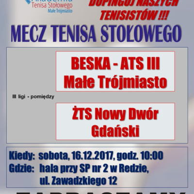 Zapraszamy w sobotę 16.12.17 na mecze 2 i 3 Ligi Tenisa Stołowego w SP 2