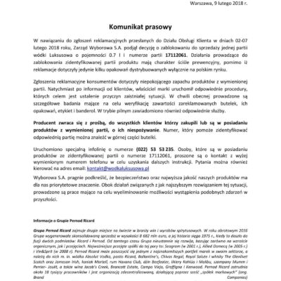 Informacja dot. produktu pn. „Wódka Luksusowa 0,7 l” o numerze partii produkcyjnej 1711206107.