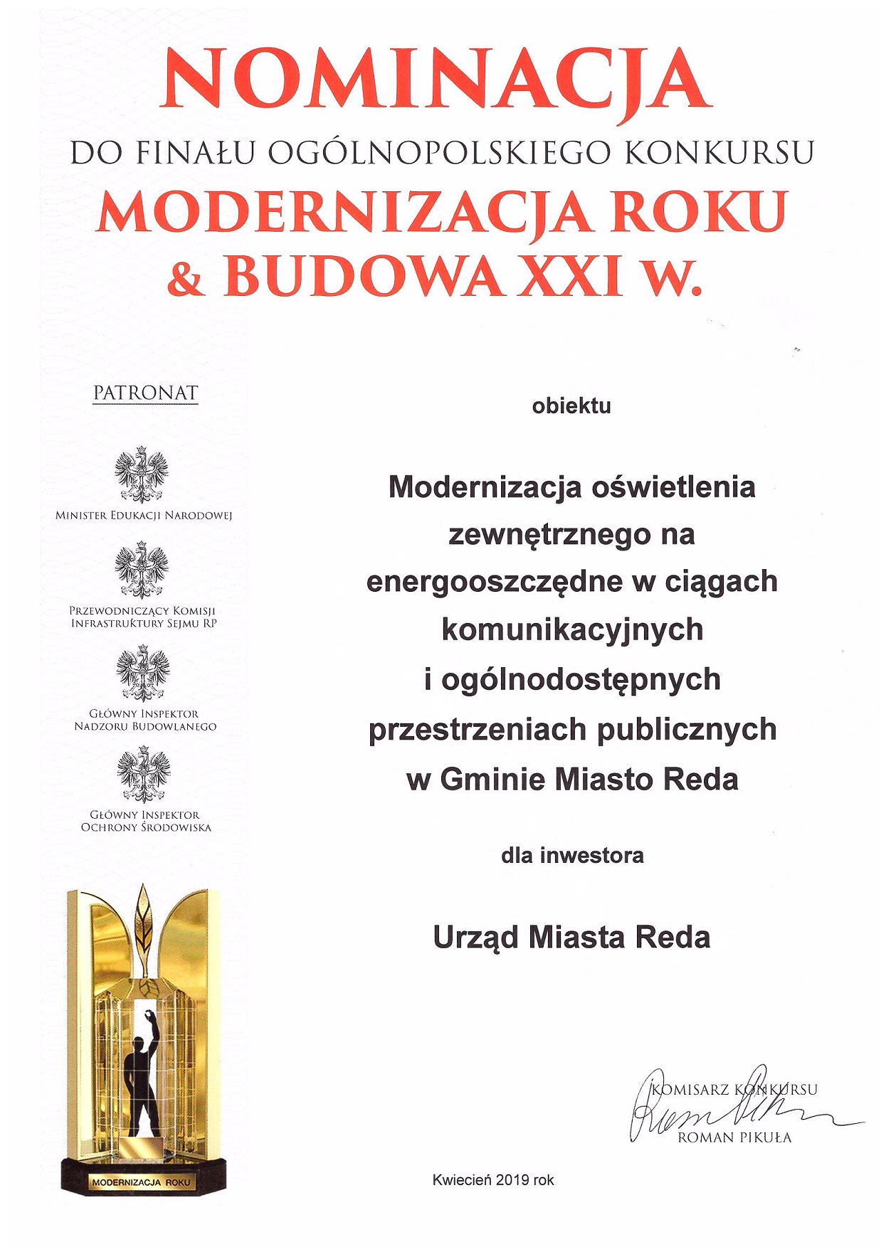 Nominacja do Finału Ogólnopolskiego Konkursu „Modernizacja Roku & Budowa XXI w. 2018”