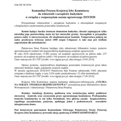 Komunikat Prezesa Krajowej Izby Kominiarzy