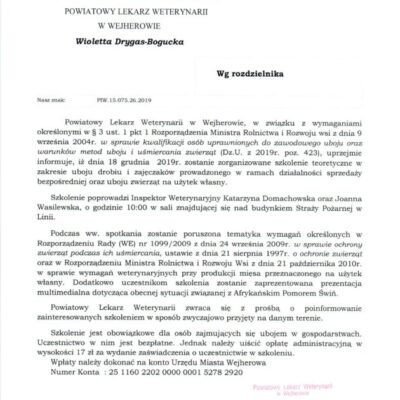 Szkolenie teoretyczne w zakresie uboju drobiu i zajęczaków