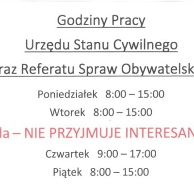 Zmiana godzin przyjęć interesantów w USC i Referacie Spraw Obywatelskich
