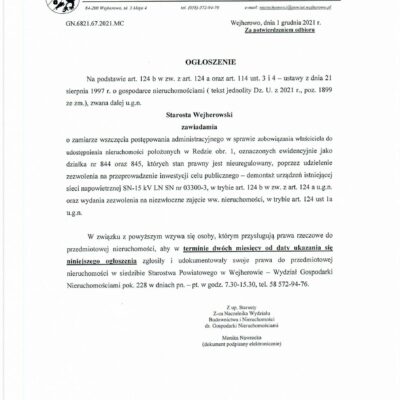 Ogłoszenie Starosty Wejherowskiego dot. zamiaru wszczęcia postępowania  administracyjnego w sprawie zobowiązania właściciela do udostępnienia nieruchomości