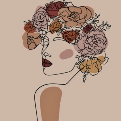 Woman Face With Flowers In Her Hair, Line Drawing Art. Vector Illustration