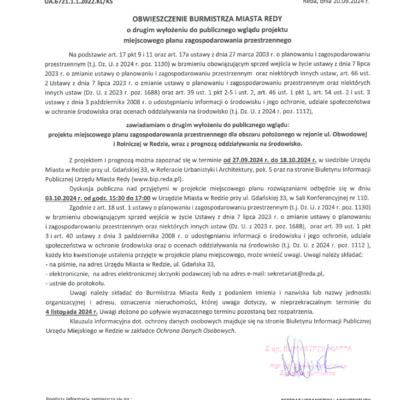 Drugie wyłożenie do publicznego wglądu projektu miejscowego planu zagospodarowania przestrzennego dla obszaru położonego w rejonie ul. Obwodowej i Rolniczej w Redzie