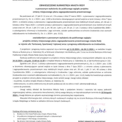 Obwieszczenie o ponownym wyłożeniu do publicznego wglądu projektu zmiany miejscowego planu zagospodarowania przestrzennego miasta Redy w rejonie ulic Tenisowej, Sportowej i Łąkowej