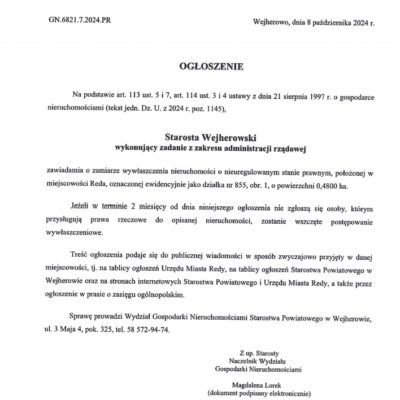 ogłoszenie Starosty Wejherowskiego