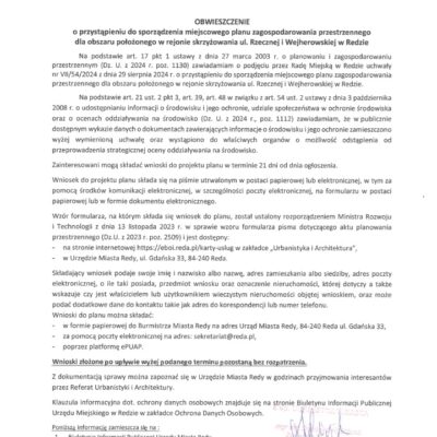 OBWIESZCZENIE o przystąpieniu do sporządzenia mpzp dla obszaru położonego w rejonie skrzyżowania ul. Rzecznej i Wejherowskiej w Redzie