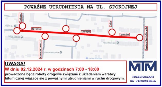 UWAGA: Utrudnienia w związku z pracami na ulicy Spokojnej