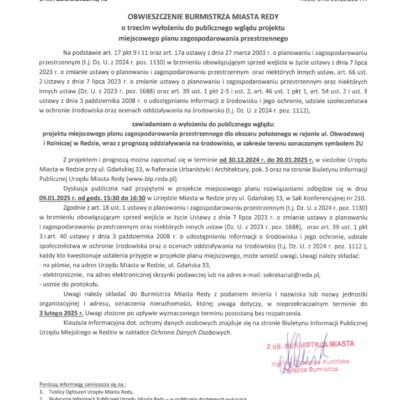 Obwieszczenie o trzecim wyłożeniu do publicznego wglądu projektu MPZP w rejonie ul. Obwodowej i Rolniczej w Redzie