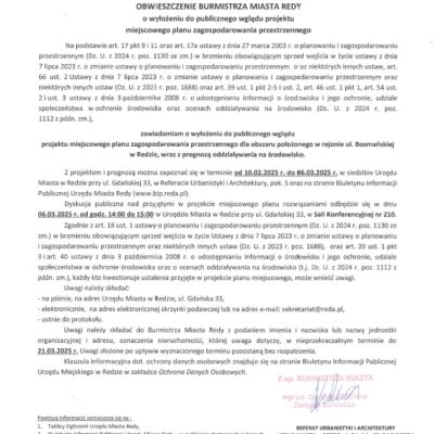 Obwieszczenie o wyłożeniu do publicznego wglądu projektu miejscowego planu zagospodarowania przestrzennego dla obszaru położonego w rejonie ul. Bosmańskiej w Redzie