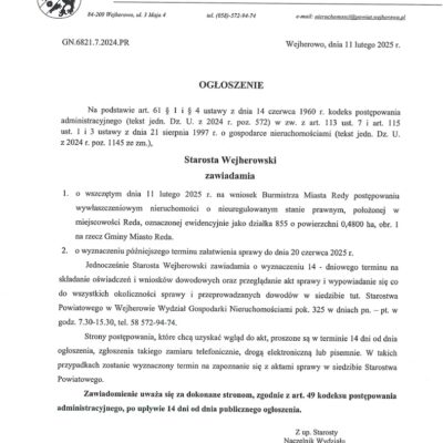 Ogłoszenie Starosty Wejherowskiego o wszczęciu postępowania wywłaszczeniowego