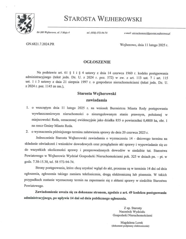 Ogłoszenie Starosty Wejherowskiego O Wszczęciu Postępowania Wywłaszczeniowego