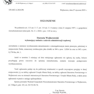 Ogłoszenie Starosty Wejherowskiego o zamiarze wywłaszczenia