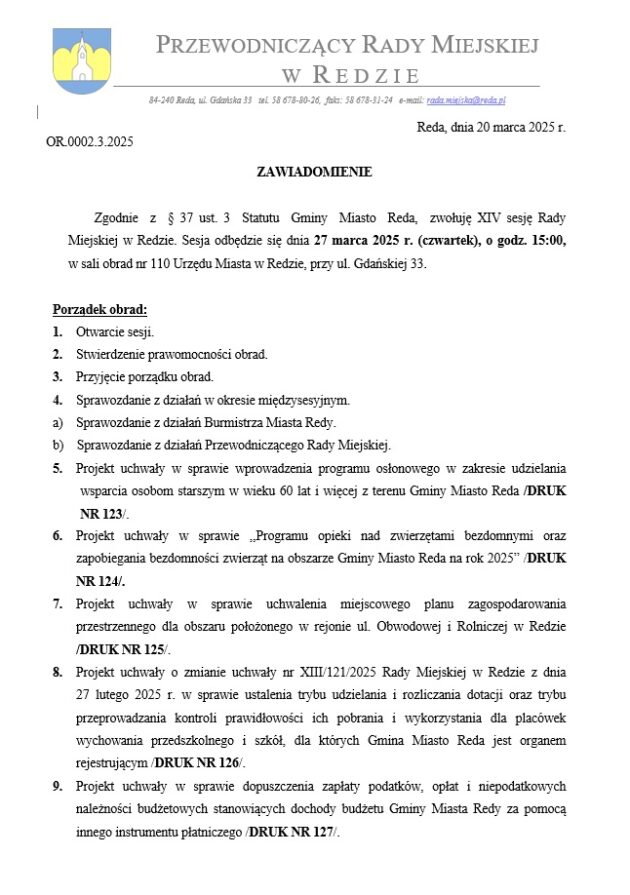 Zawiadomienie o sesji Rady Miejskiej