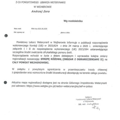 ASF – Powiat Wejherowski objęty Strefą Różową