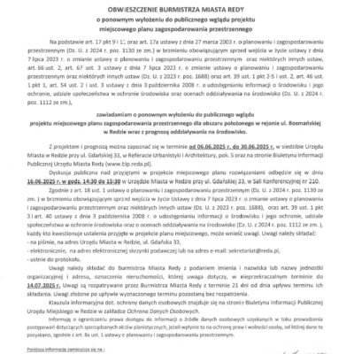 Obwieszczenie o ponownym wyłożeniu do publicznego wglądu projektu mpzp dla obszaru położonego w rejonie ul. Bosmańskiej