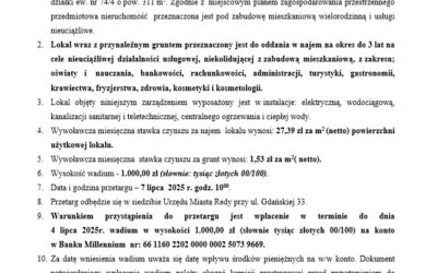 Pierwszy przetarg ustny nieograniczony na najem zabudowanej nieruchomości, stanowiącej własność Gminy Miasto Reda,  położonej w Redzie przy ul. Gdańskiej