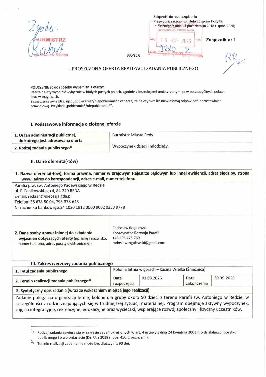 Uproszczona oferta realizacji zadania publicznego Parafia p.w. Św. Antoniego w Redzie